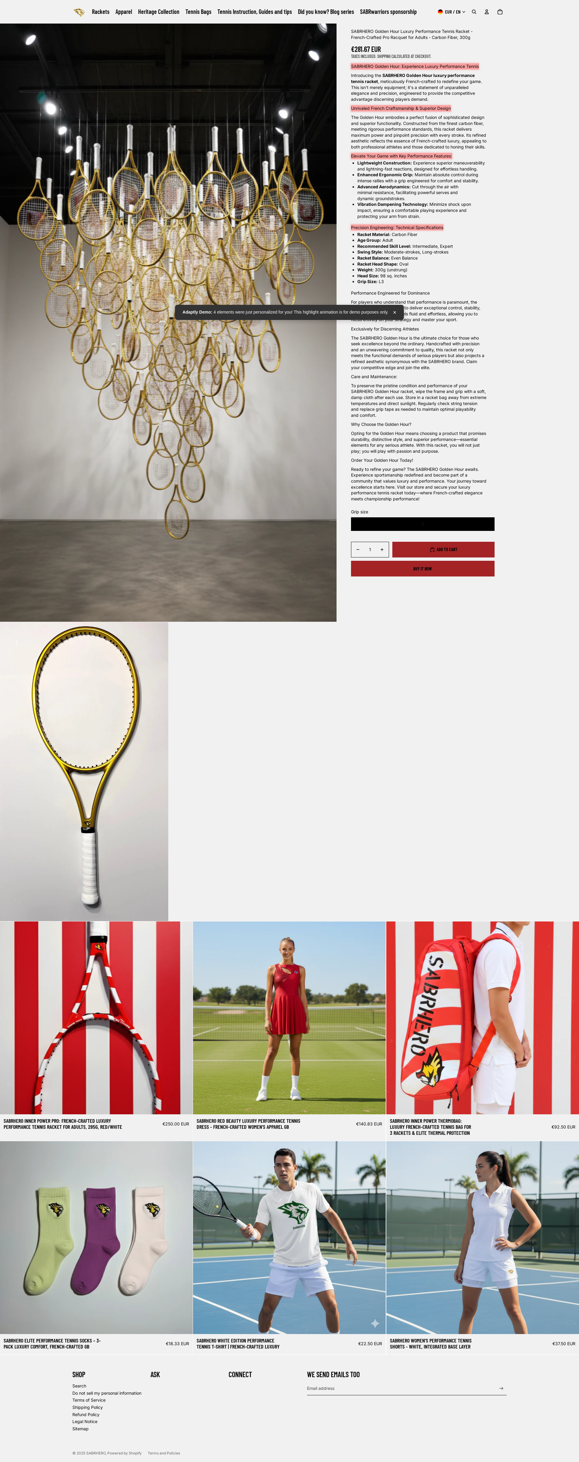 After personalization - SABRHERO Golden Hour Luxury Tennis Racket - French-Crafted Pro